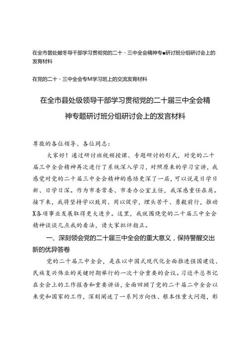 2篇 2024年领导干部学习贯彻党的二十三中全会精神专题研讨班分组研讨会上的发言材料.docx