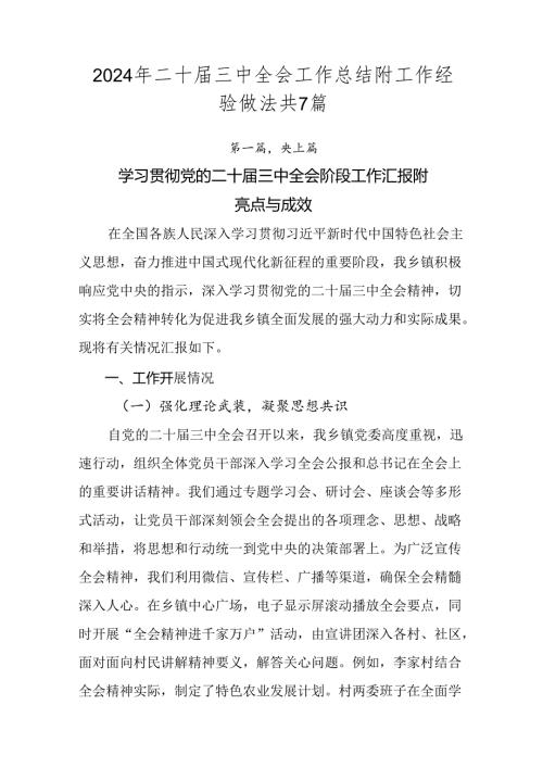 2024年二十三中全会工作总结附工作经验做法共7篇.docx