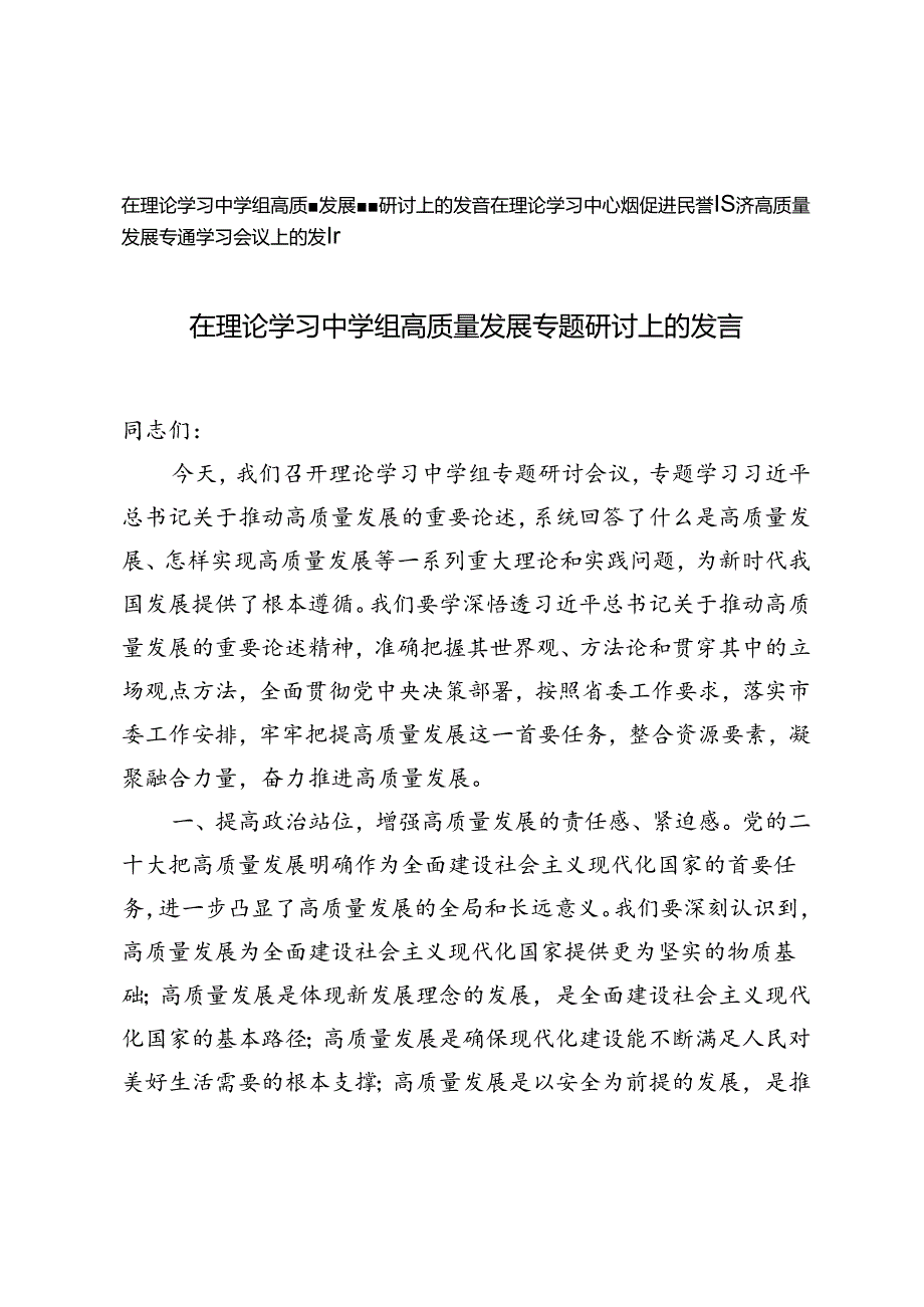 2024年在理论学习中心组促进民营经济高质量发展专题学习会议上的发言材料+在理论学习中学组高质量发展专题研讨上的发言.docx_第1页