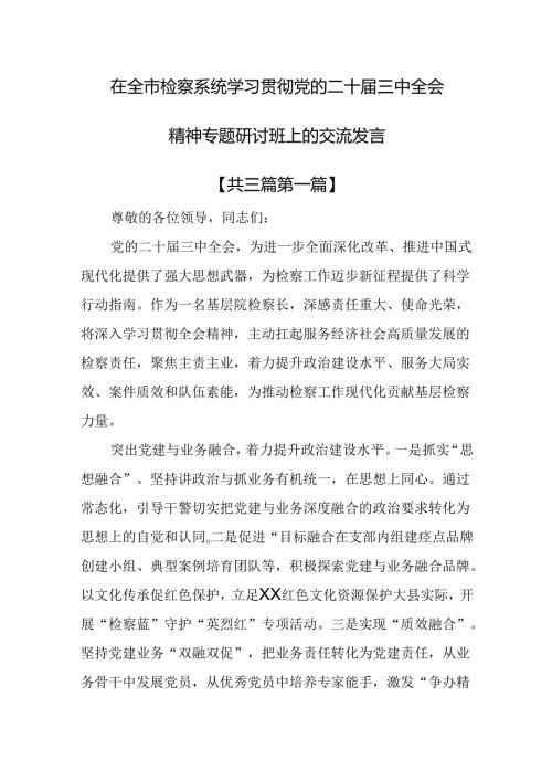 （3篇）在全市检察系统学习贯彻党的二十三中全会精神专题研讨班上的交流发言.docx