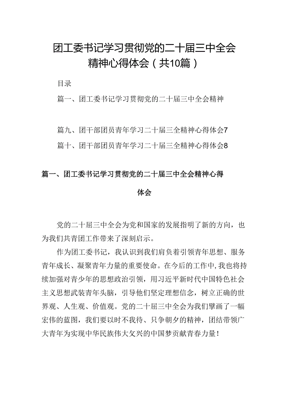 （10篇）团工委书记学习贯彻党的二十三中全会精神心得体会范文.docx_第1页