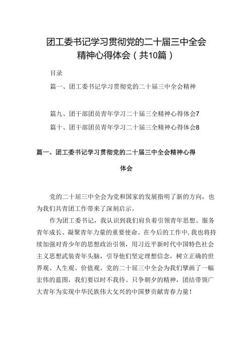 （10篇）团工委书记学习贯彻党的二十三中全会精神心得体会范文.docx