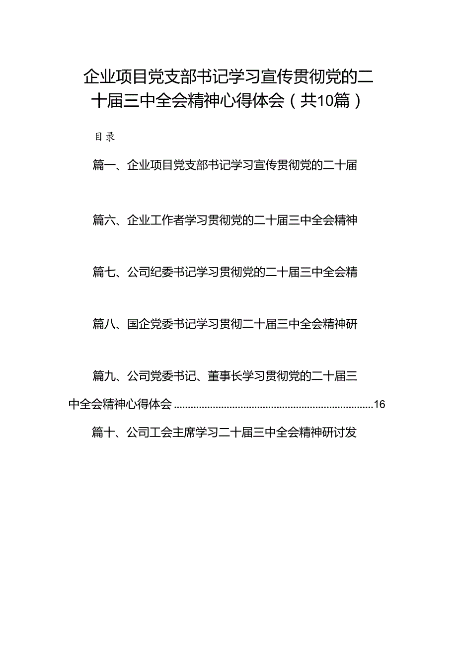 （10篇）企业项目党支部书记学习宣传贯彻党的二十三中全会精神心得体会范文.docx_第1页