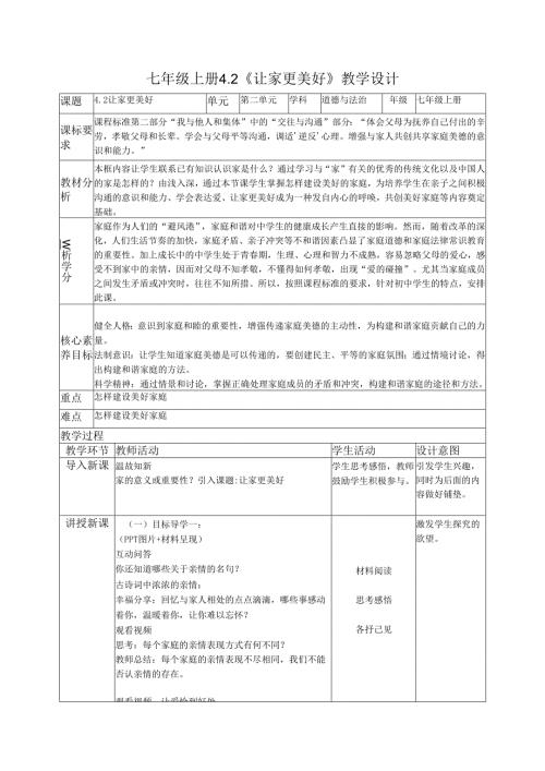 部编道德与法治七年级上册第四课《 4.2让家更美好》 教学设计.docx