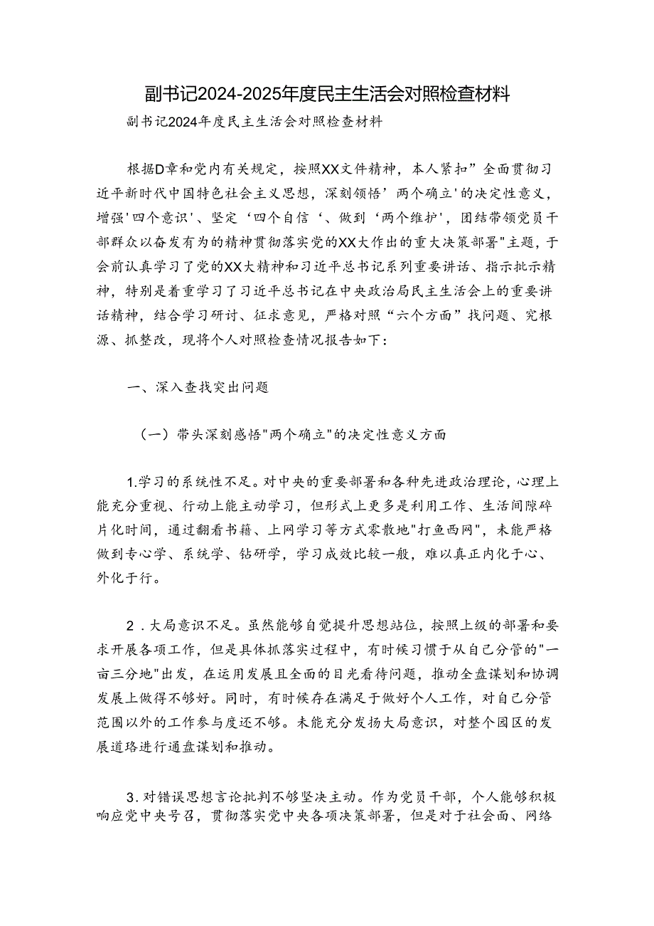 副书记20242025民主生活会对照检查材料.docx_第1页
