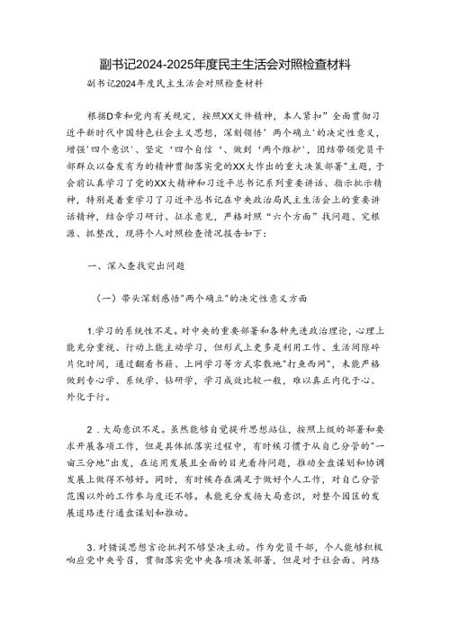 副书记20242025民主生活会对照检查材料.docx