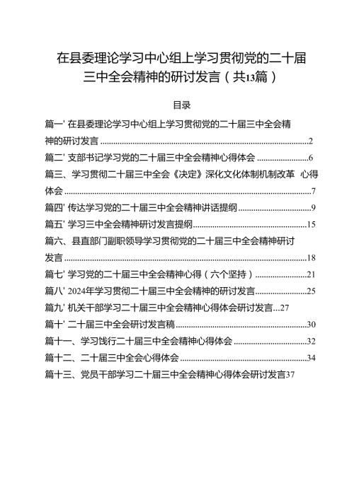 （13篇）在县委理论学习中心组上学习贯彻党的二十三中全会精神的研讨发言（详细版）.docx