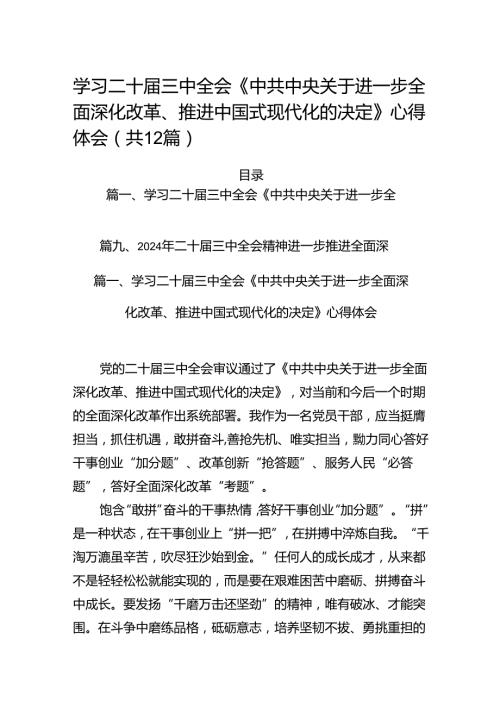 学习二十三中全会《中共中央关于进一步全面深化改革、推进中国式现代化的决定》心得体会（共12篇）.docx