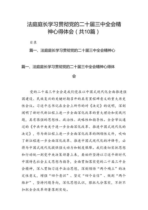 （10篇）法庭庭长学习贯彻党的二十三中全会精神心得体会范文.docx