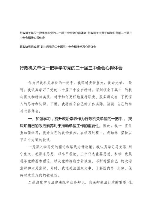 2024年行政机关单位一把手、中层干部、政协党组成员学习党的二十三中全会心得体会.docx