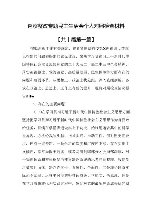 （10篇）巡察整改专题民主生活会个人对照检查材料.docx