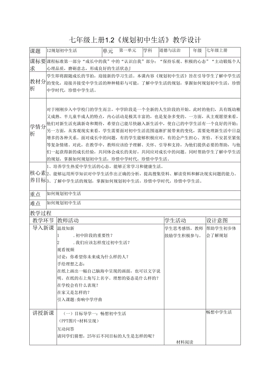 部编道德与法治七年级上册第一课《1.2规划初中生活》 教学设计.docx_第1页