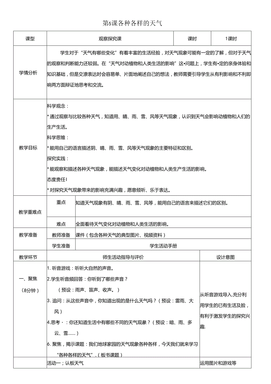 （2024）科教版科学二年级上册《各种各样的天气》教案.docx_第1页
