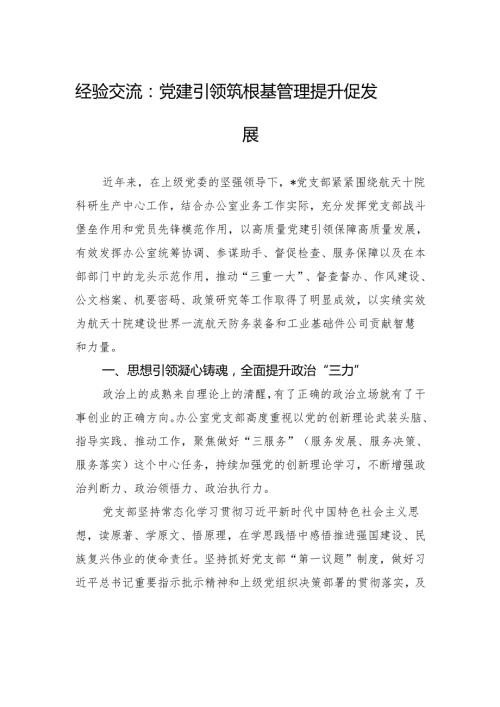 经验交流：党建引领筑根基+管理提升促发展.docx
