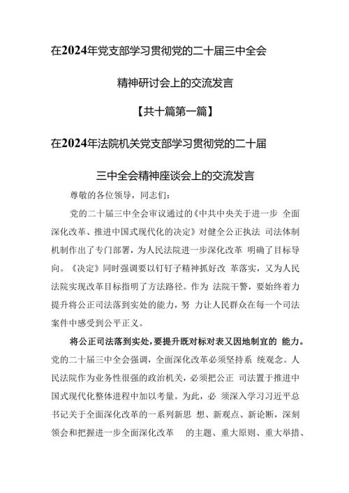 （10篇）在2024年党支部学习贯彻党的二十三中全会精神研讨会上的交流发言.docx