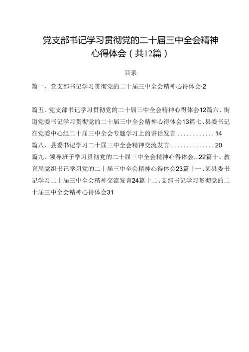 党支部书记学习贯彻党的二十三中全会精神心得体会 （汇编12份）.docx