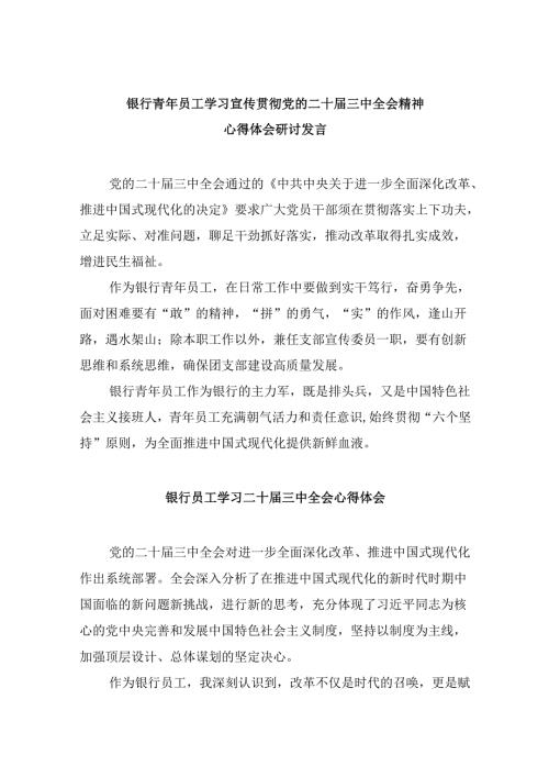 银行青年员工学习宣传贯彻党的二十三中全会精神心得体会研讨发言（共五篇）.docx