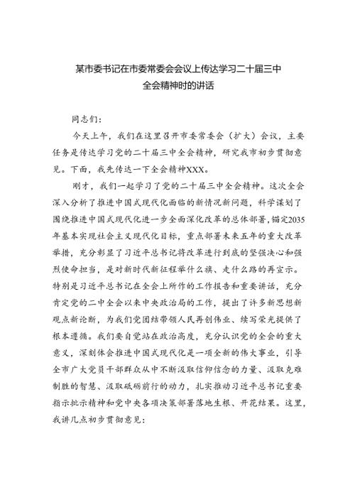 （8篇）某市委书记在市委常委会会议上传达学习二十三中全会精神时的讲话范文.docx