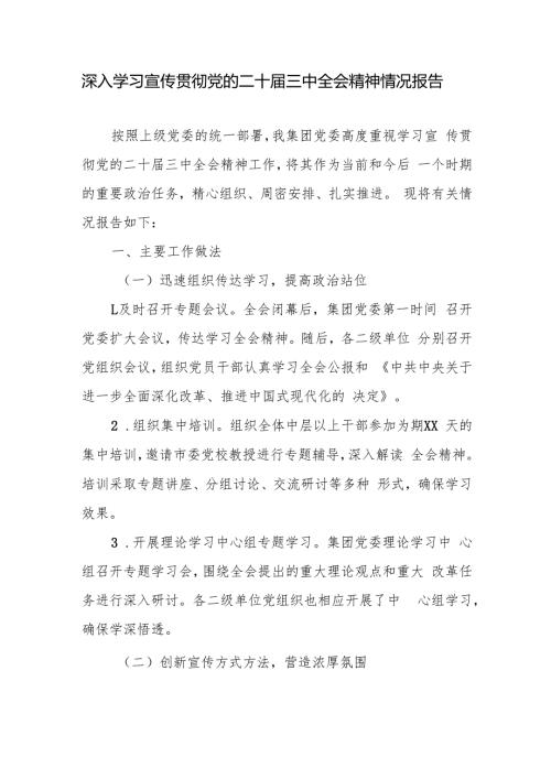 集团公司党委2024深入学习宣传贯彻党的二十三中全会精神情况报告.docx