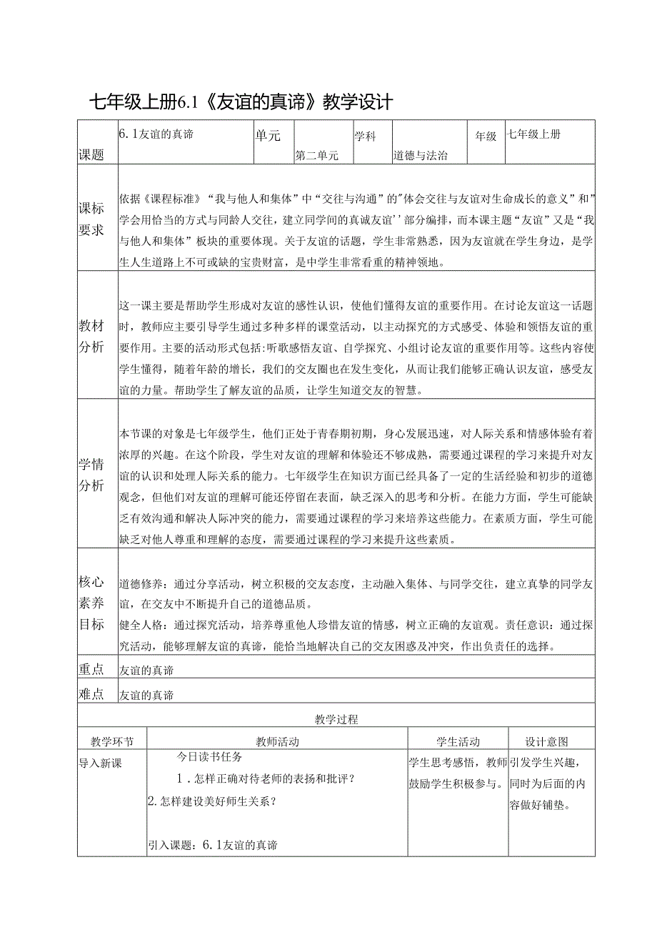 道德与法治七年级上册第六课 6.1《友谊的真谛》教学设计.docx_第1页