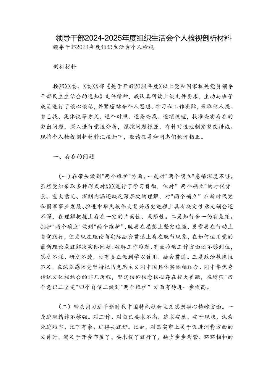 领导干部20242025组织生活会个人检视剖析材料.docx_第1页