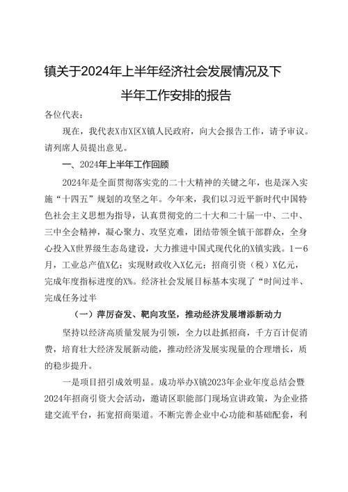 镇关于2024年上半年经济社会发展情况及下半年工作安排的报告.docx