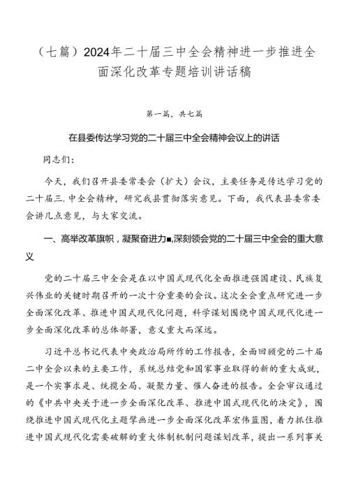 （七篇）2024年二十三中全会精神进一步推进全面深化改革专题培训讲话稿.docx