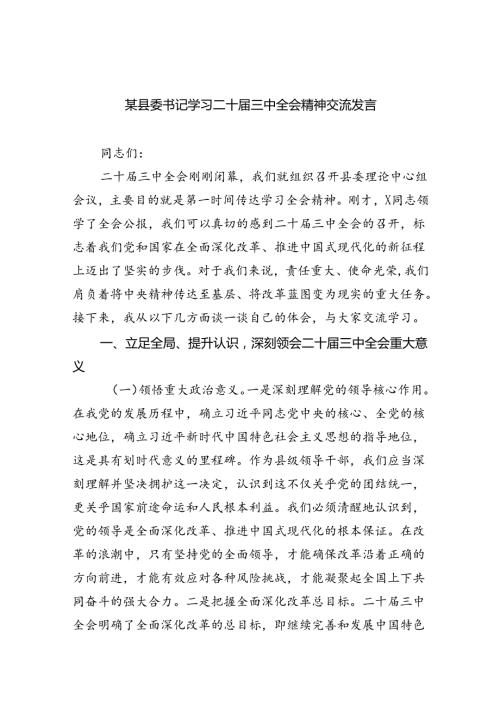 某县委书记学习二十三中全会精神交流发言六篇（最新版）.docx