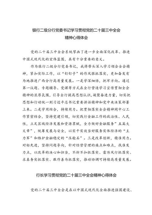 （9篇）银行二级分行党委书记学习贯彻党的二十三中全会精神心得体会（详细版）.docx