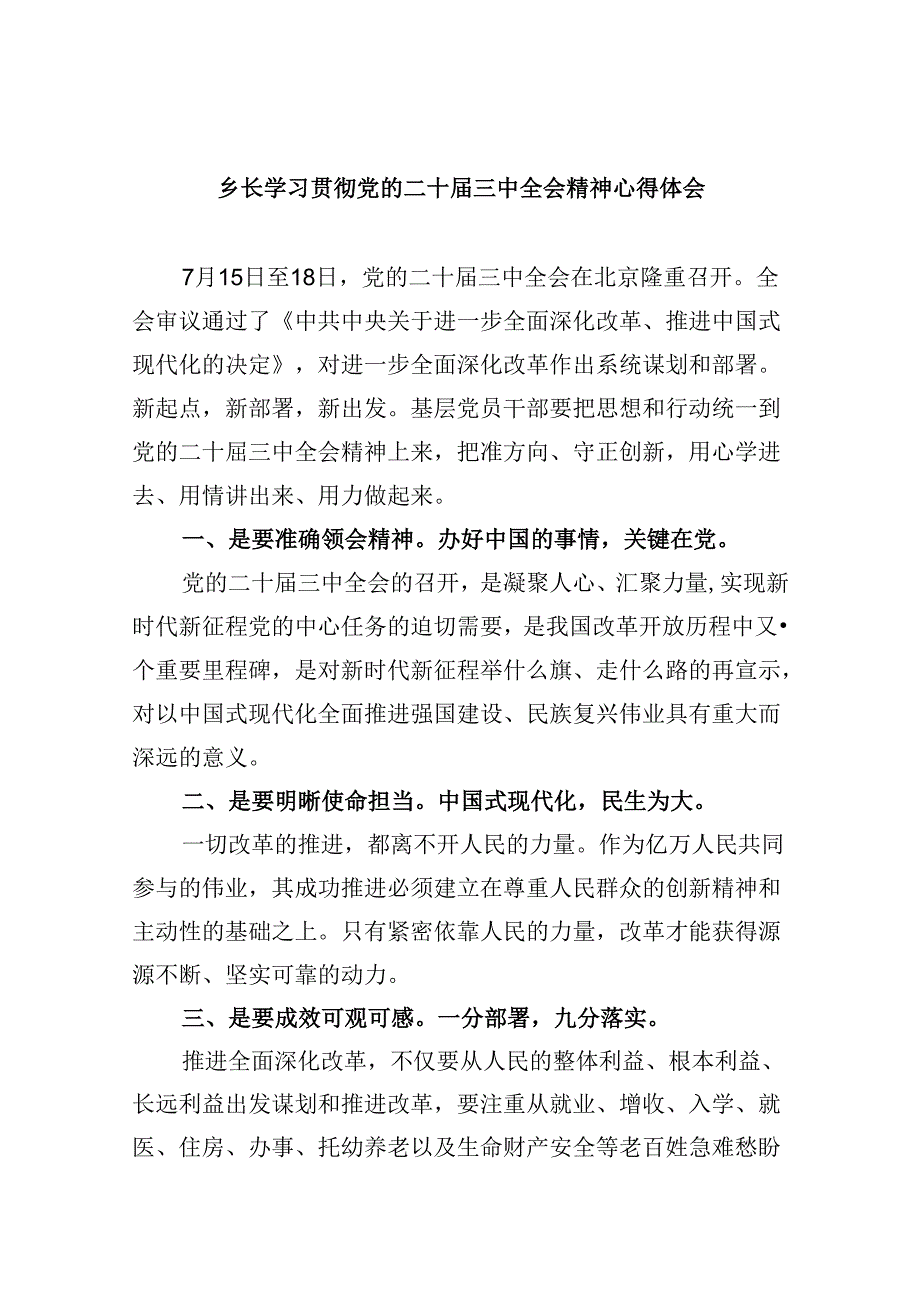 乡长学习贯彻党的二十三中全会精神心得体会8篇（最新版）.docx_第1页