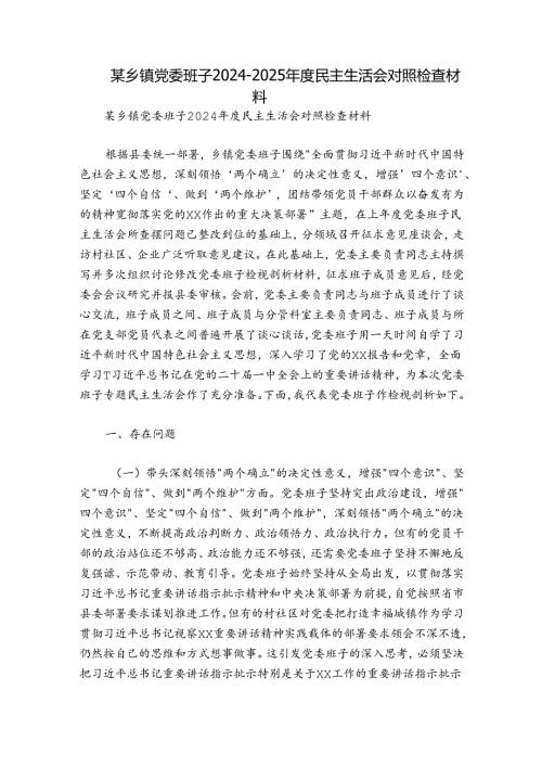 某乡镇党委班子20242025民主生活会对照检查材料.docx