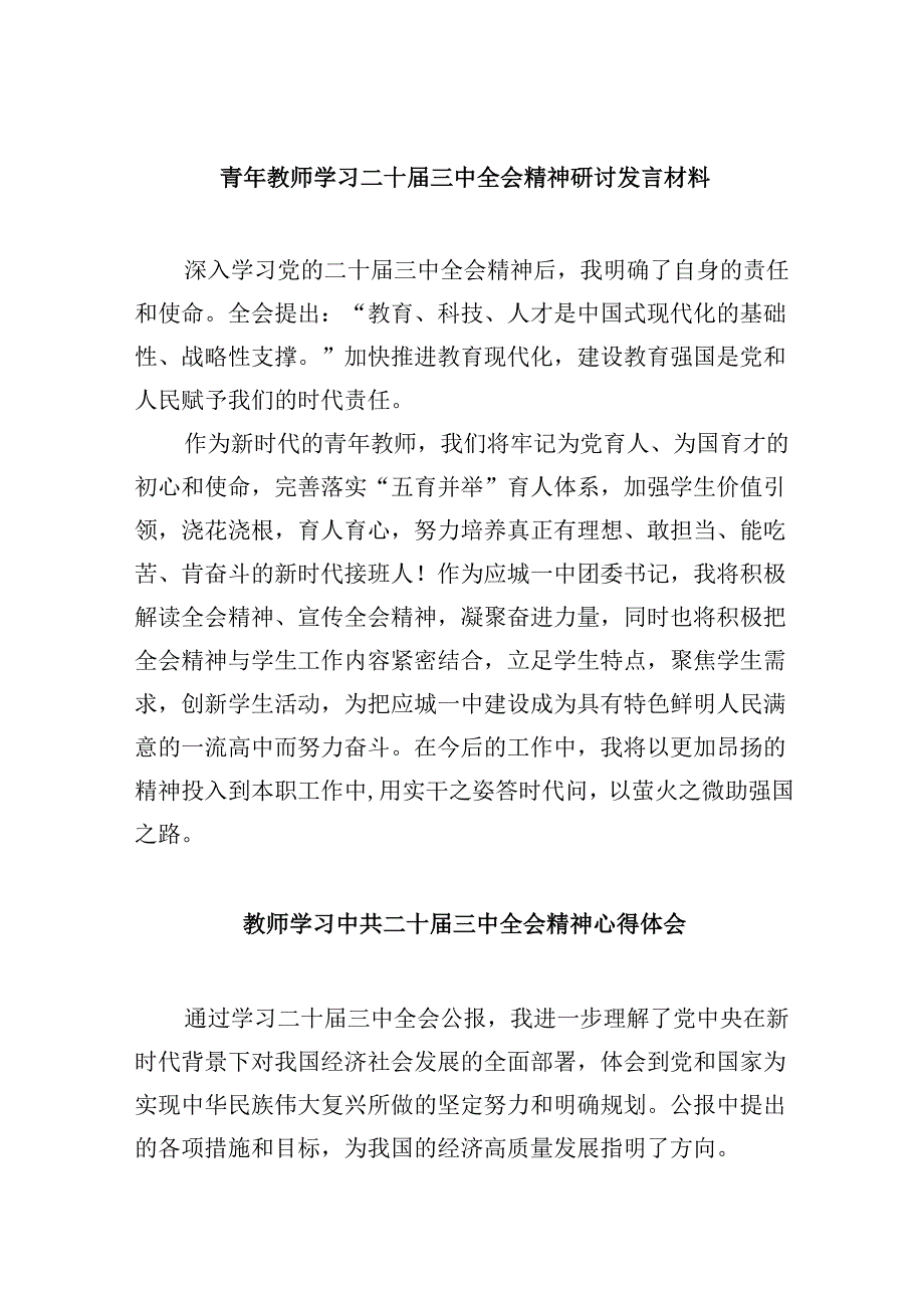 （9篇）青年教师学习二十三中全会精神研讨发言材料（精选）.docx_第1页