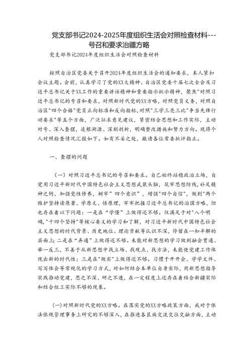 党支部书记20242025组织生活会对照检查材料号召和要求 治疆方略.docx