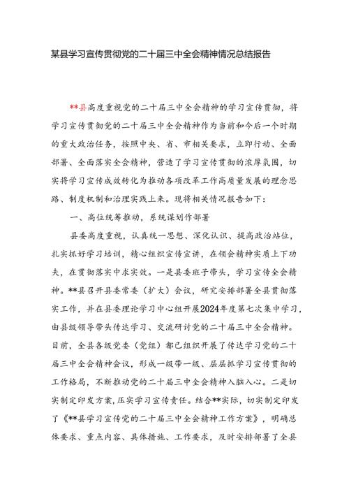 2024年某县学习宣传贯彻党的二十三中全会精神情况总结报告.docx