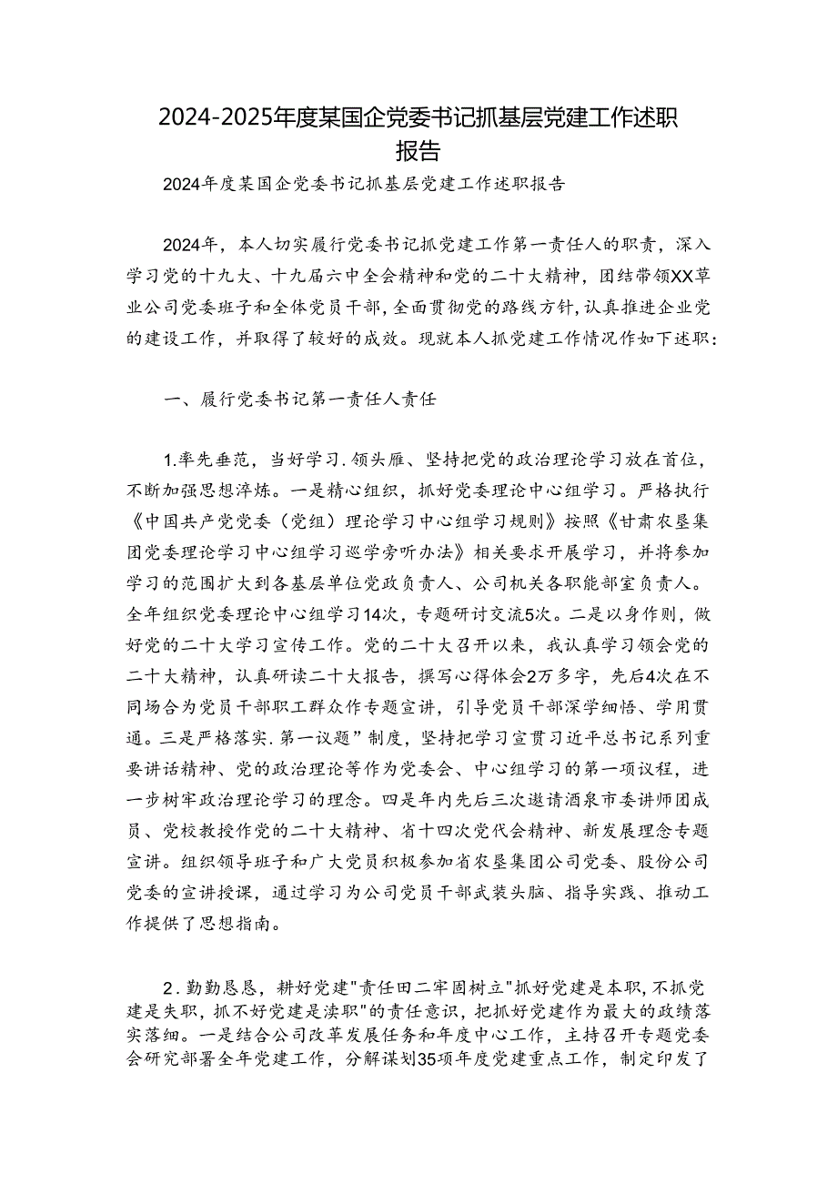 20242025某国企党委书记抓基层党建工作述职报告.docx_第1页