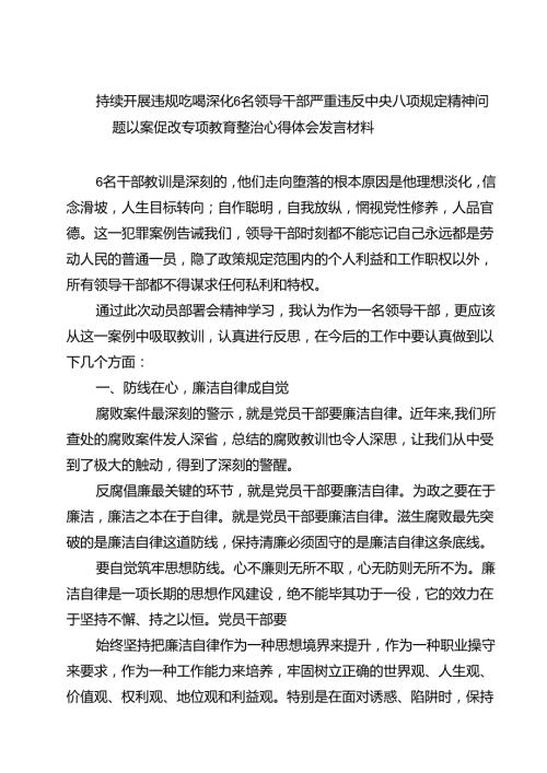 (六篇)持续开展违规吃喝深化6名领导干部严重违反中央八项规定精神问题以案促改专项教育整治心得体会发言材料集合.docx