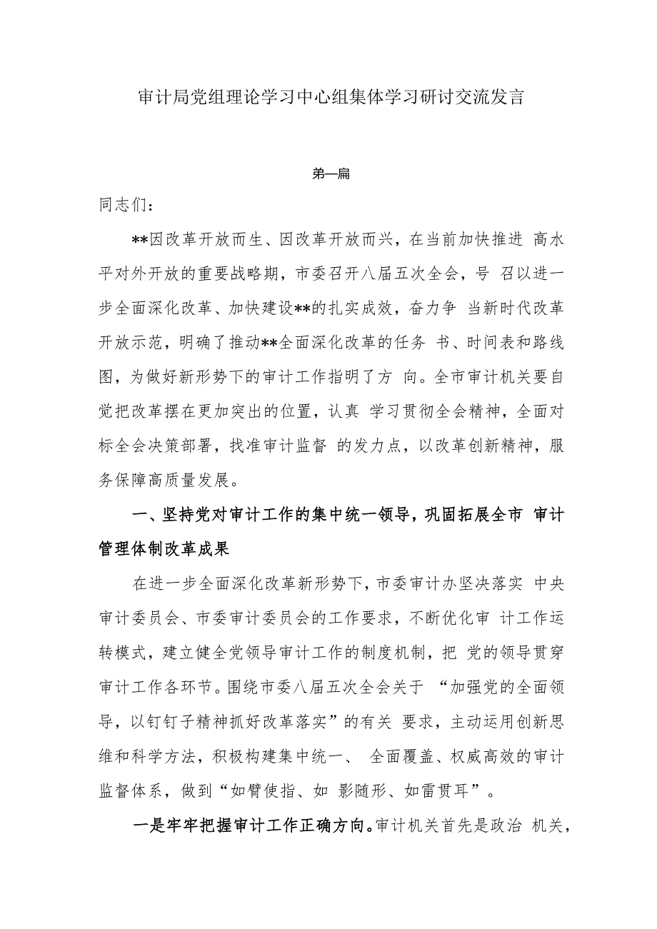 审计局党组理论学习中心组集体学习研讨交流发言4篇.docx