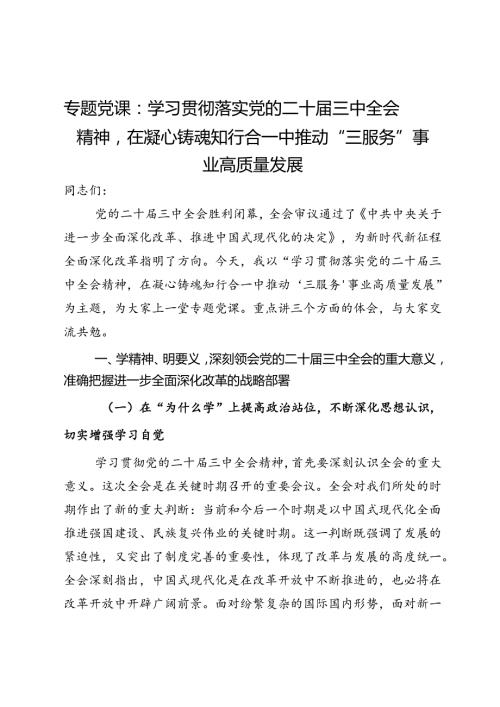专题党课：学习贯彻落实党的二十三中全会精神在凝心铸魂知行合一中推动“三服务”事业高质量发展.docx