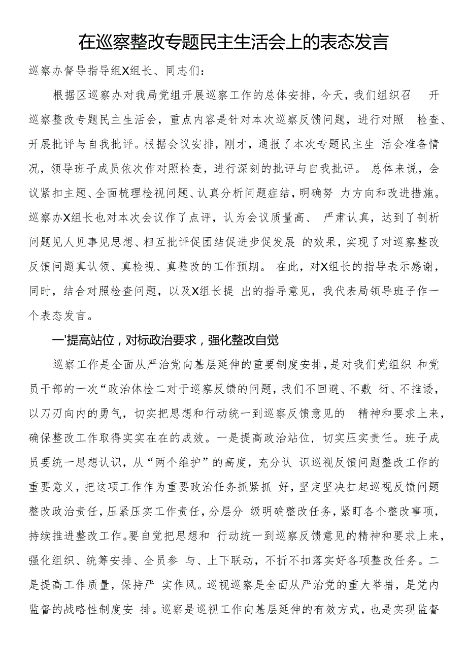 在巡察整改专题民主生活会上的表态发言.docx