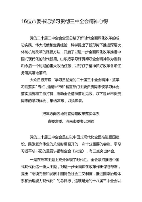 16位市委书记学习贯彻三中全会精神心得.docx