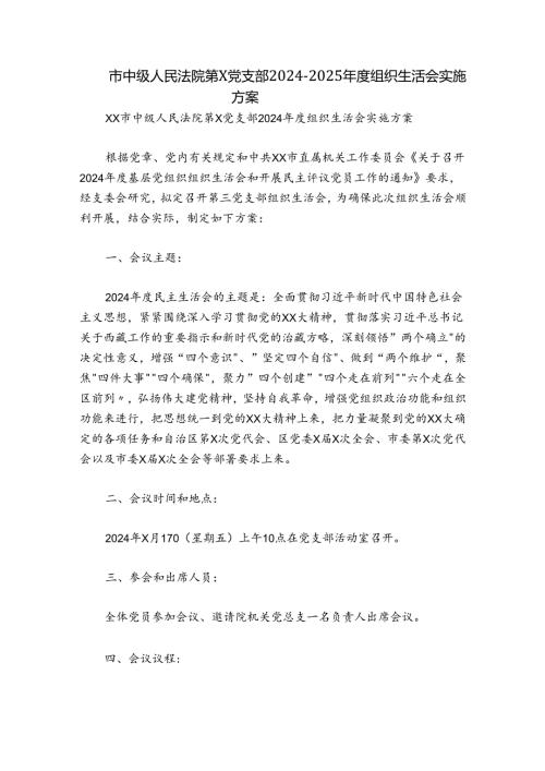 市中级人民法院第X党支部20242025组织生活会实施方案.docx