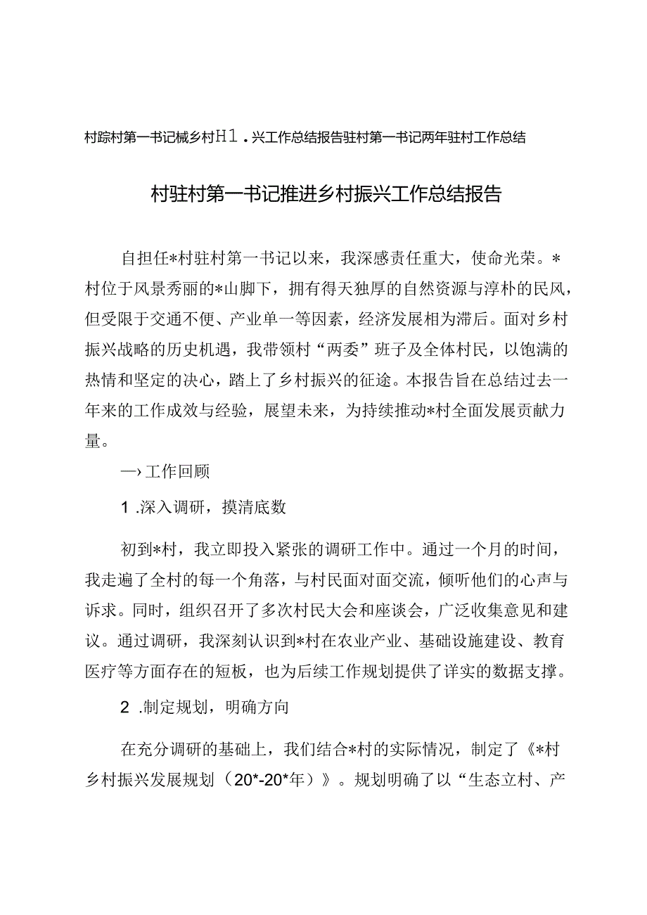 2024年村驻村第一书记推进乡村振兴工作总结报告.docx_第1页
