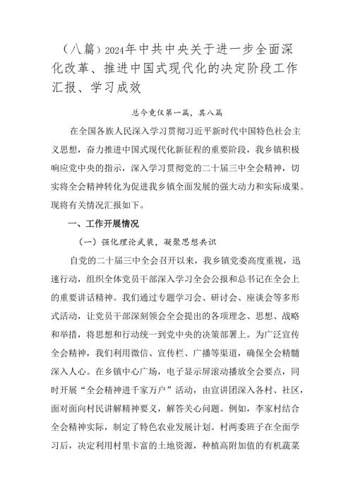 （八篇）2024年中共中央关于进一步全面深化改革、推进中国式现代化的决定阶段工作汇报、学习成效.docx