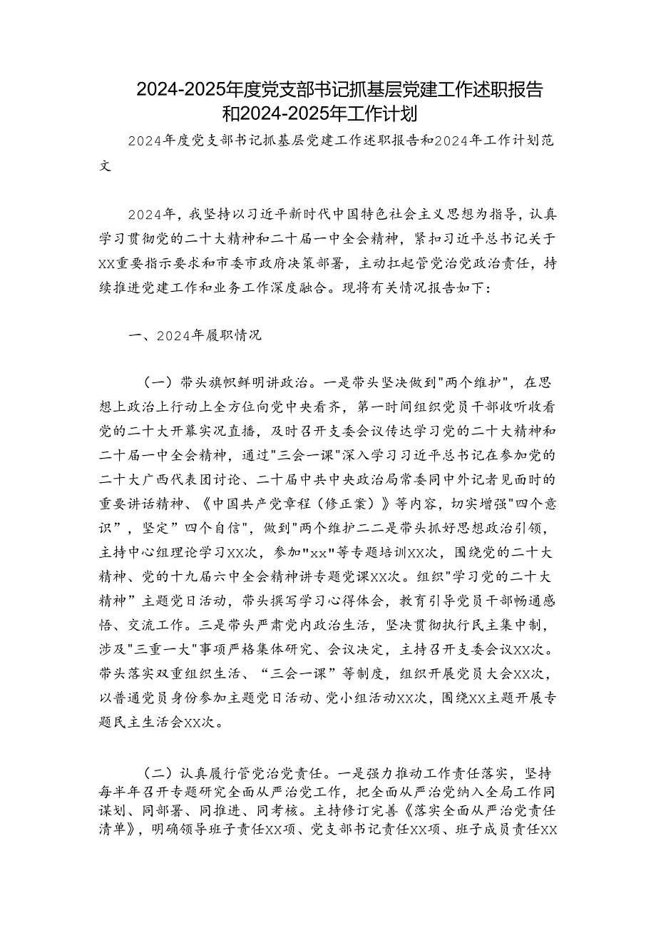 20242025党支部书记抓基层党建工作述职报告和20242025年工作计划.docx_第1页