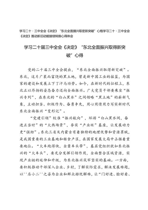 2024年学习二十三中全会《决定》“东北全面振兴取得新突破”、推动新旧动能接续转换心得体会.docx