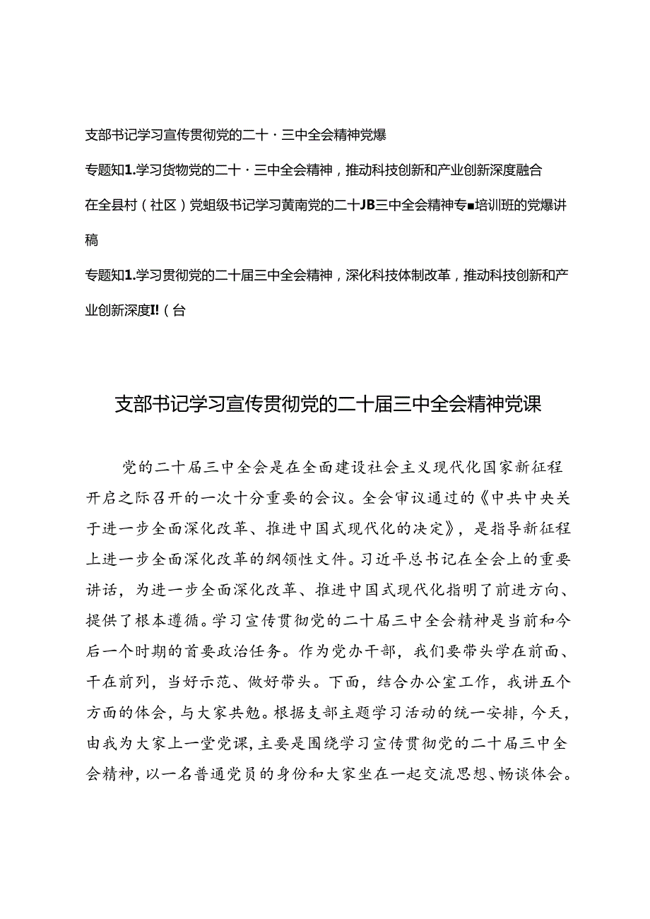 2024年10月支部书记学习宣传贯彻党的二十三中全会精神专题党课讲稿.docx_第1页