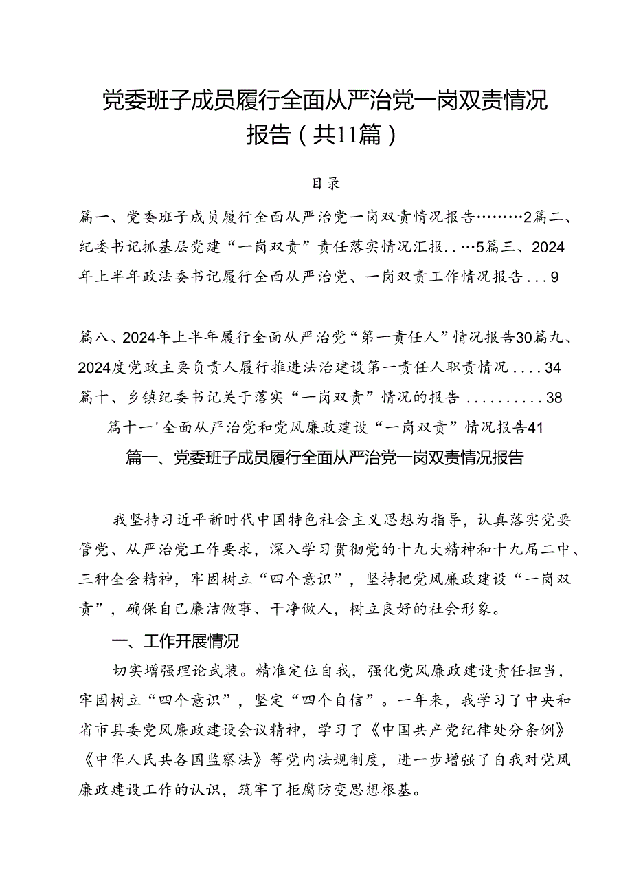 (11篇)党委班子成员履行全面从严治党一岗双责情况报告（精选）.docx_第1页