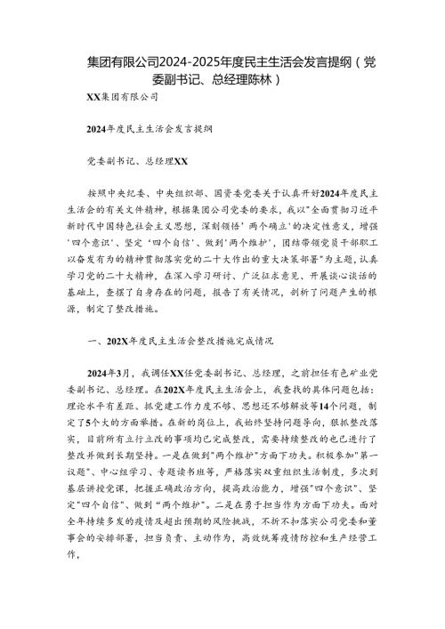集团有限公司20242025民主生活会发言提纲（党委副书记、总经理 陈林）.docx