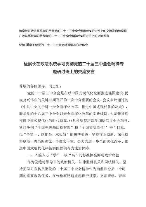 检察长j检察院在政法系统学习贯彻党的二十三中全会精神专题研讨班上的交流发言心得体会.docx