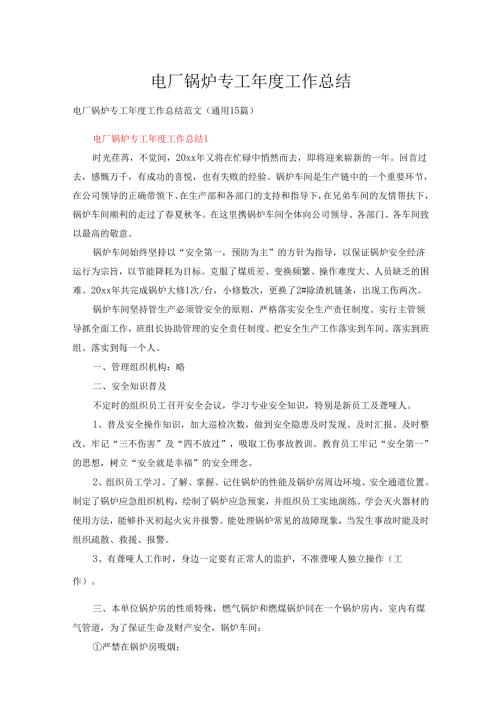 电厂锅炉专工工作总结范文（通用15篇）.docx
